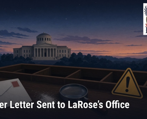 Fostoria News Nighttime view of Ohio Statehouse with news headline about LaRose's office.